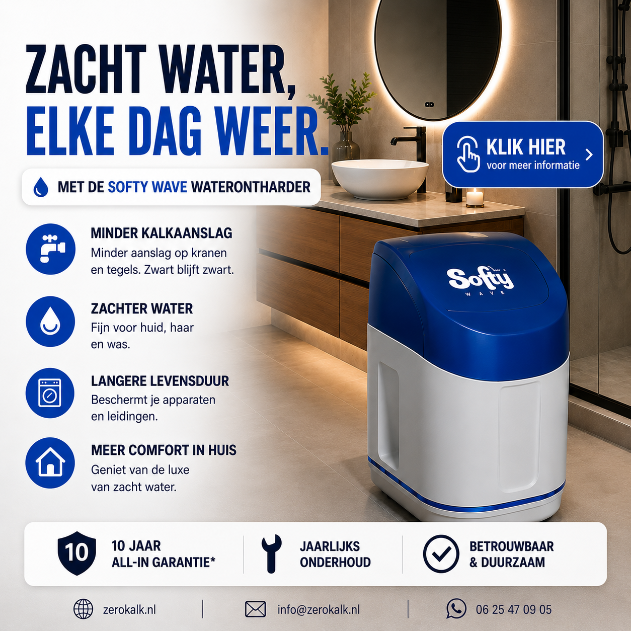 ZeroKalk Installaties — Softy Wave waterontharder. Minder kalkaanslag, zachter water, langere levensduur en meer comfort. 10 jaar all-in garantie en jaarlijks onderhoud.